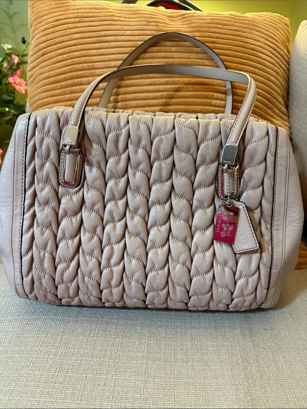 Coach Madison Gathered Quilted Leather Satchel in Cream